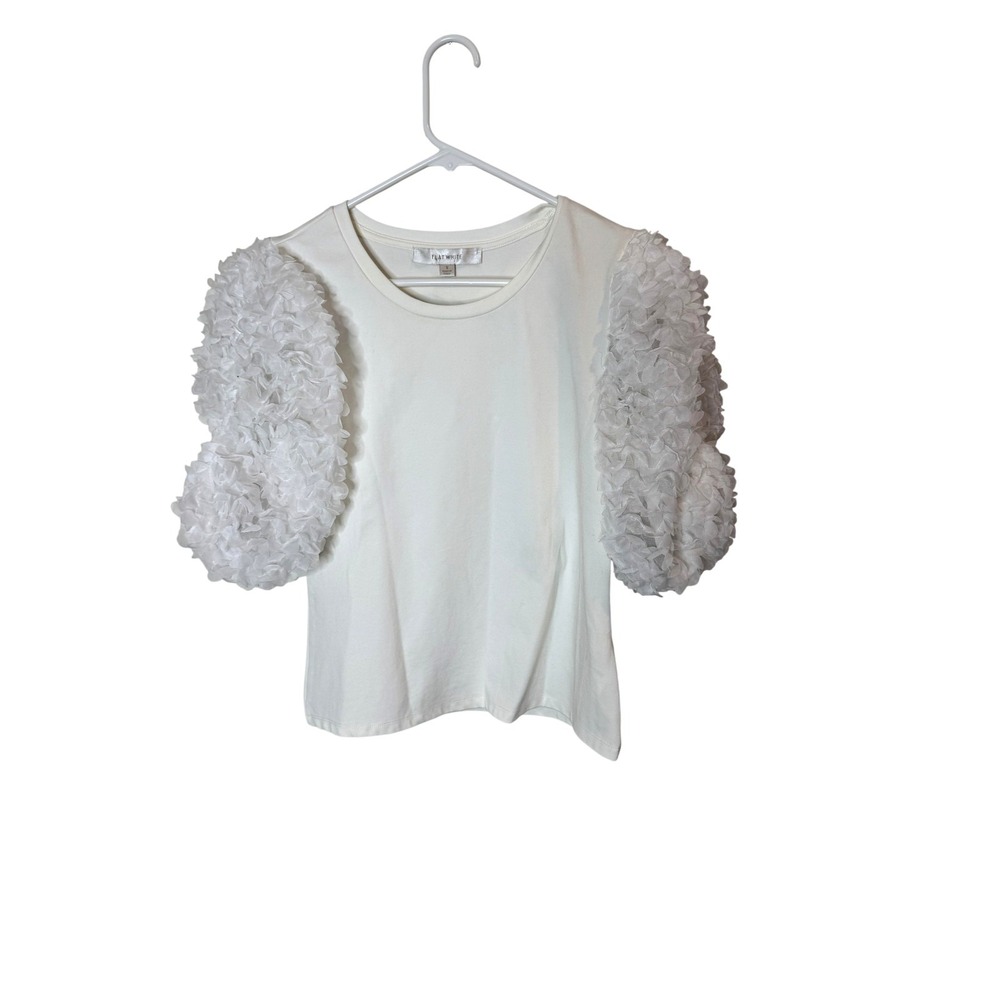 FLATWHITE Shirt Womens Small White Puff Sleeve 3D‎ Floral Top Blouse Dressy